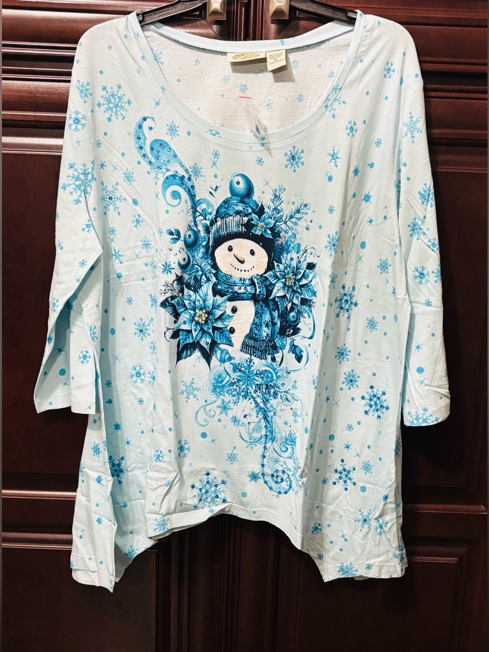Women's Blue Holiday/Christmas Sequins Snowman T-Shirt Size XL
